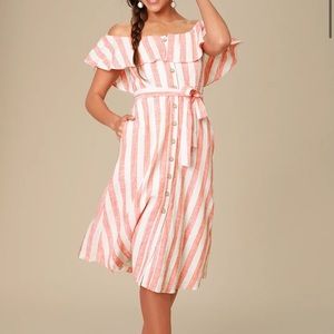 Orange Striped Off-the-Shoulder Midi Dress